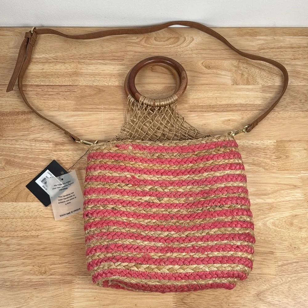 Nanette Lepore Pink and Tan Jute Bucket Bag - Picture 9 of 16